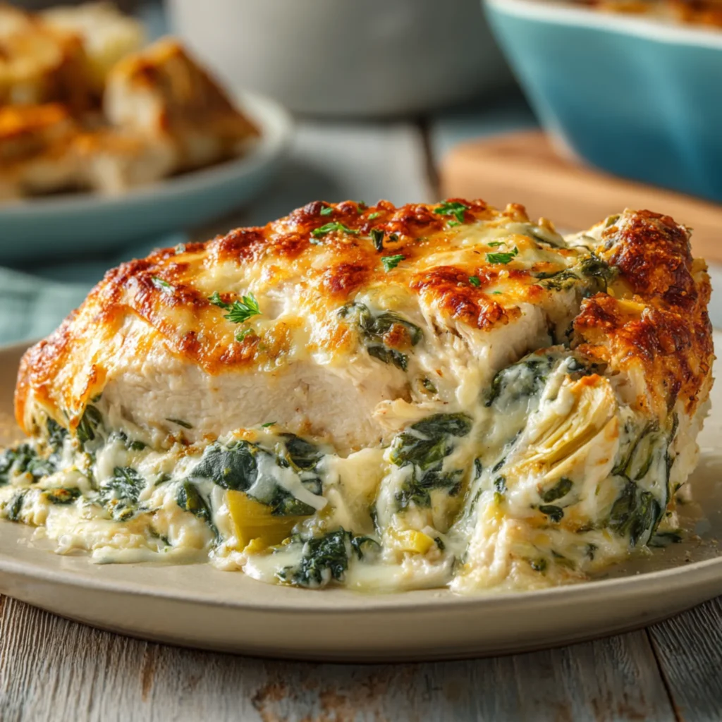 spinach artichoke chicken slice with creamy cheese sauce