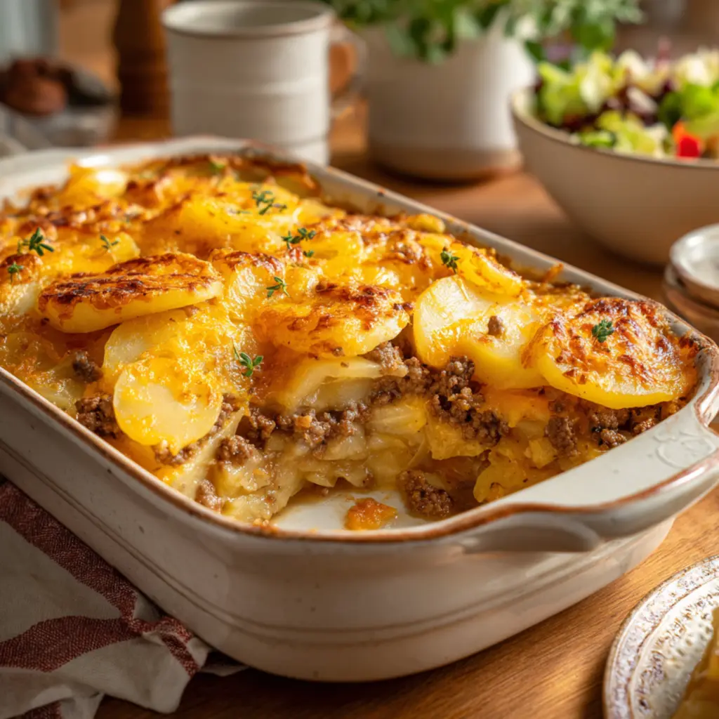 homemade potato and ground beef casserole with melted cheese