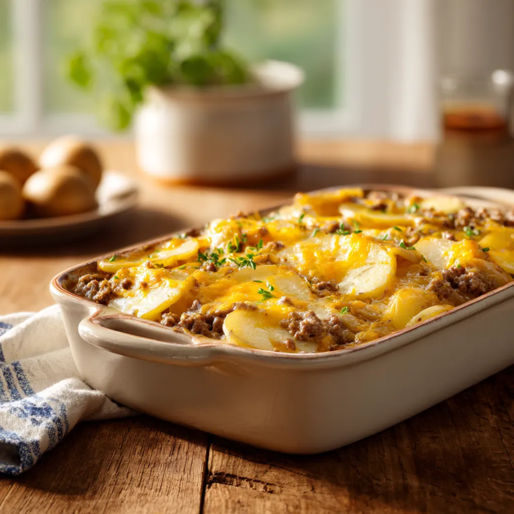 baked beef potato casserole with creamy cheese topping