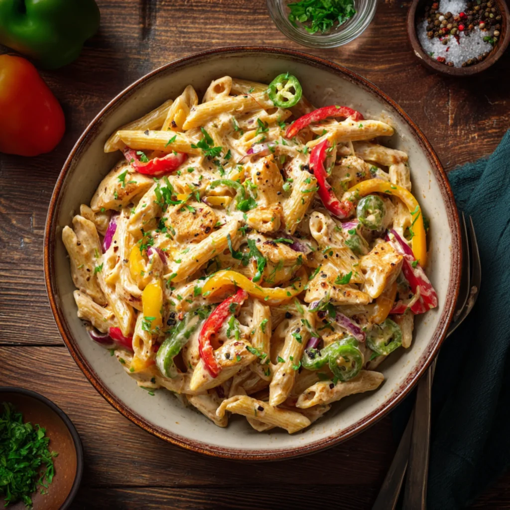 Cajun chicken pasta bowl with creamy sauce and peppers