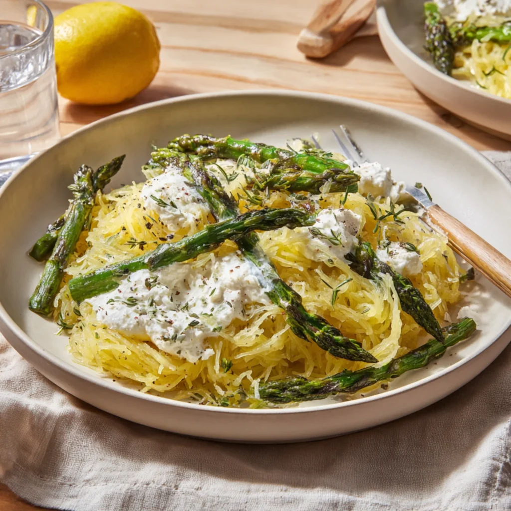 healthy spaghetti squash bowl with asparagus ricotta and herbs
