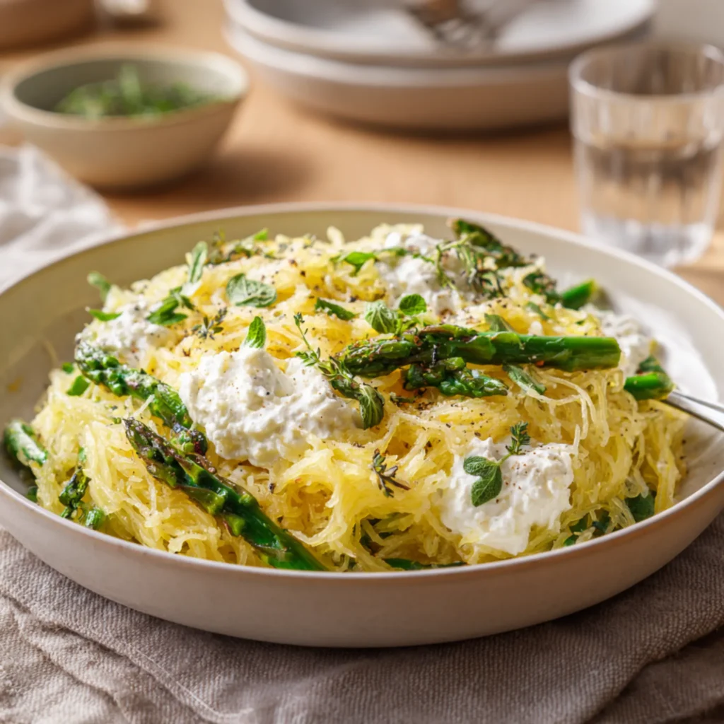 spaghetti squash with asparagus ricotta herbs and lemon flavor