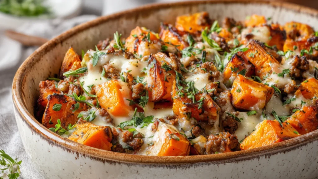 Sweet potato turkey bake with melted cheese and herbs