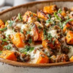 Sweet potato turkey bake with melted cheese and herbs