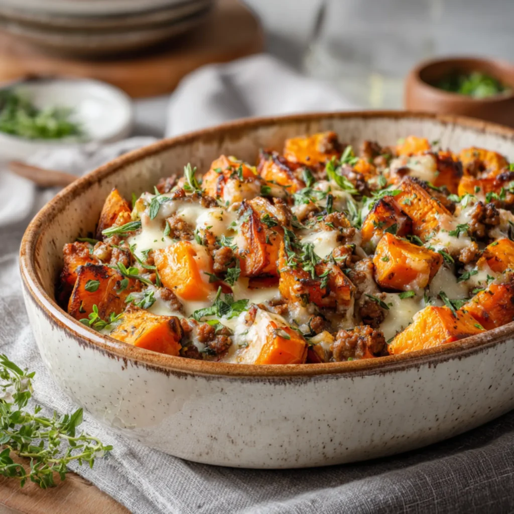Sweet potato turkey bake with melted cheese and herbs