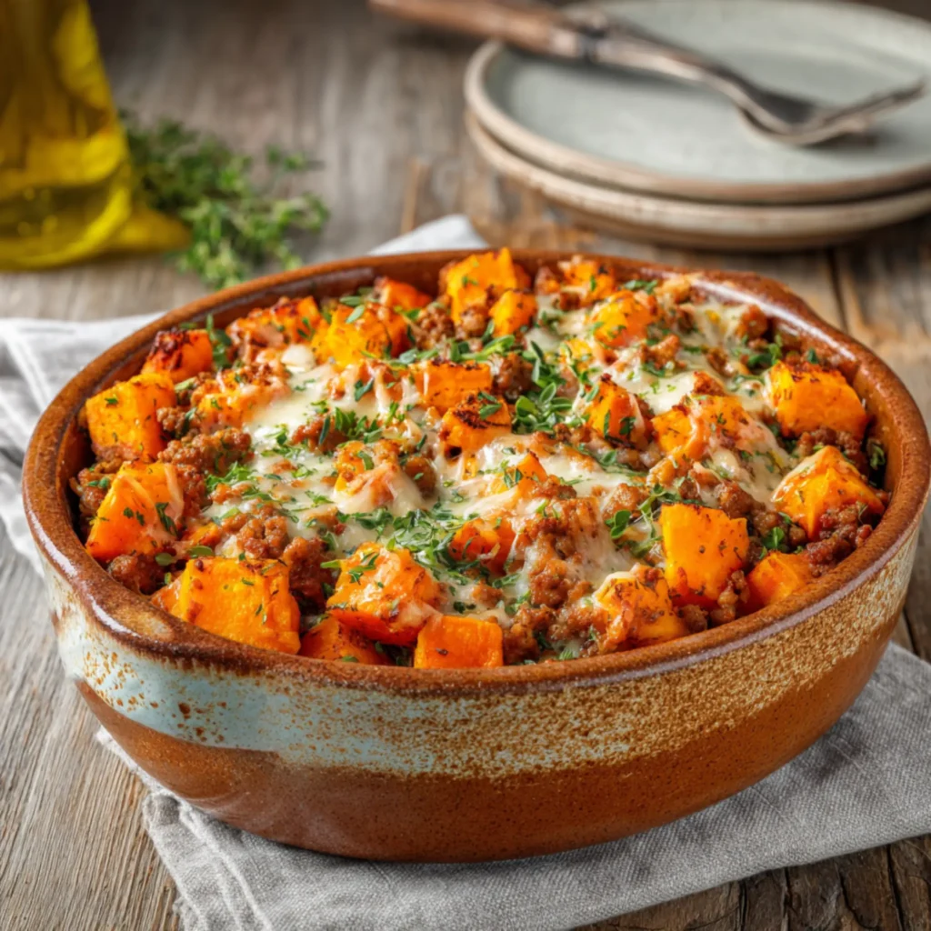 Ground turkey sweet potato casserole with melted cheese
