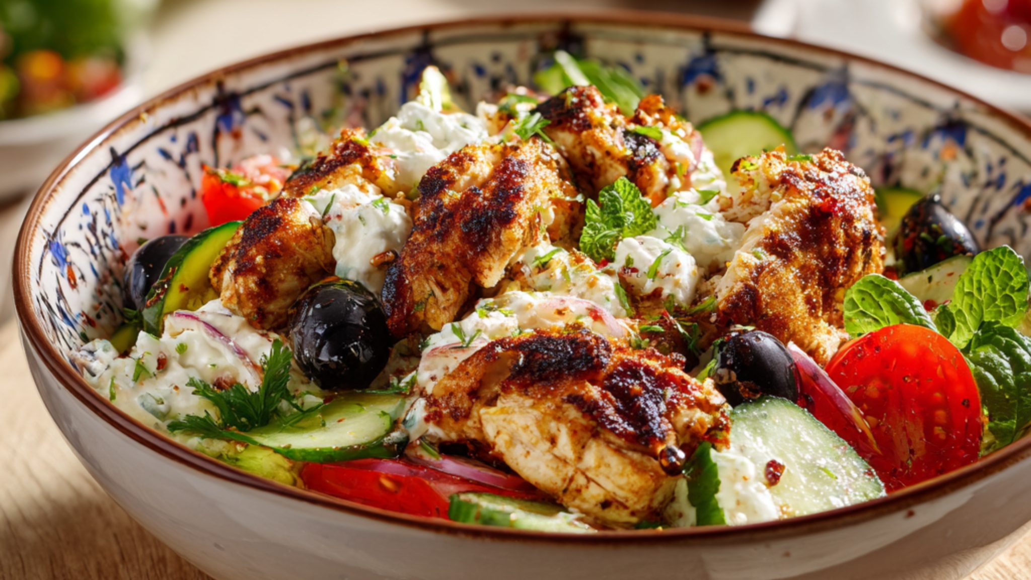 grilled chicken tzatziki salad with cucumber tomatoes olives and creamy sauce