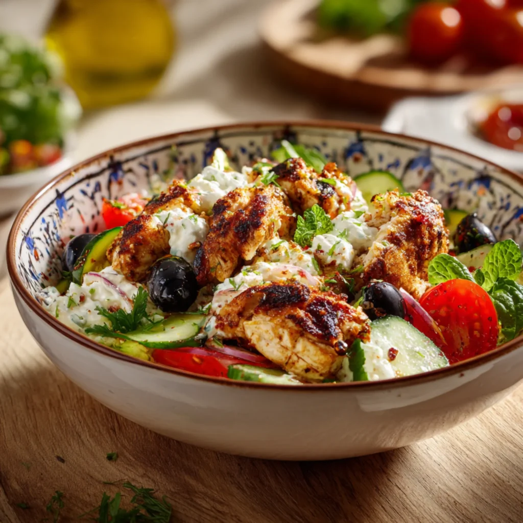 healthy chicken salad bowl with tzatziki sauce cucumber and tomatoes