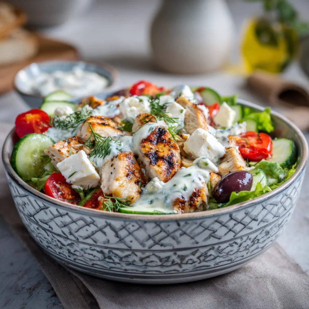 chicken tzatziki salad with feta cucumber tomatoes and olives in bowl