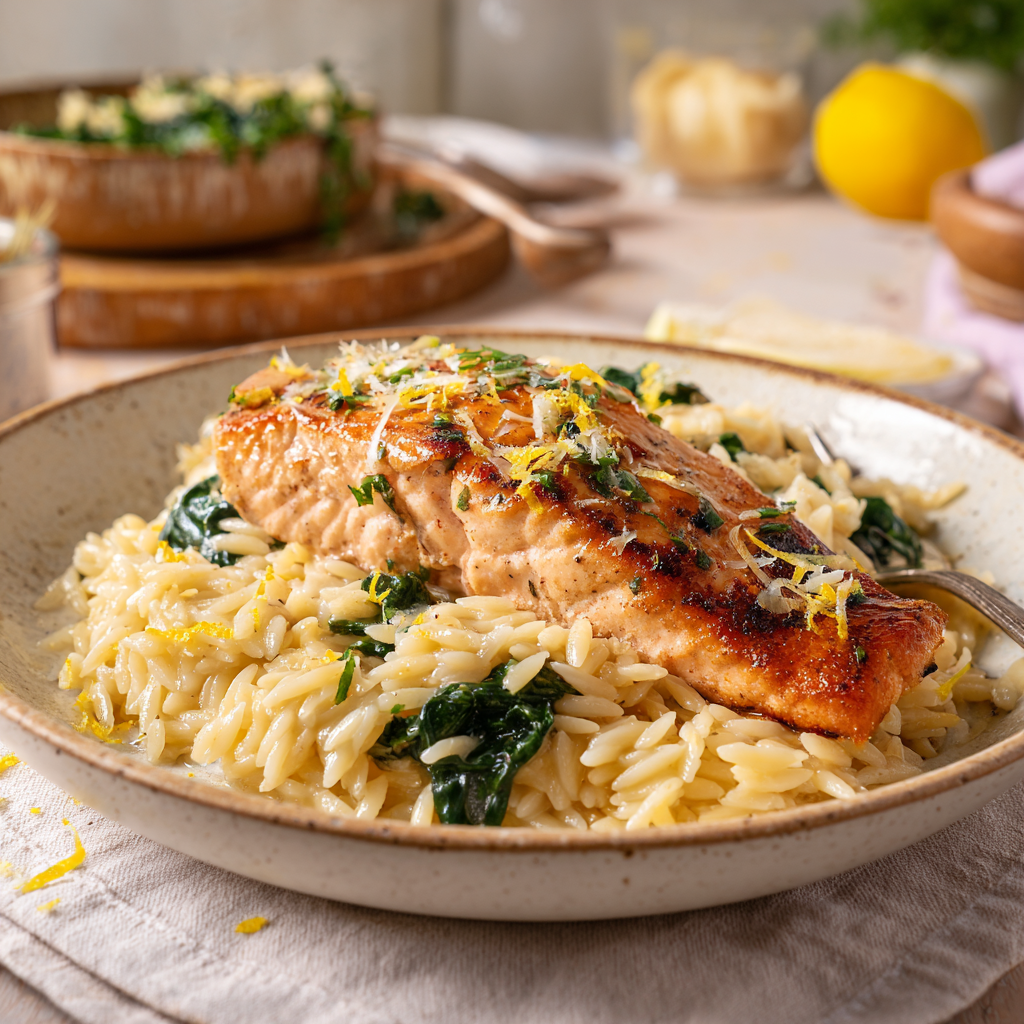 Salmon fillet with creamy spinach orzo pasta and lemon