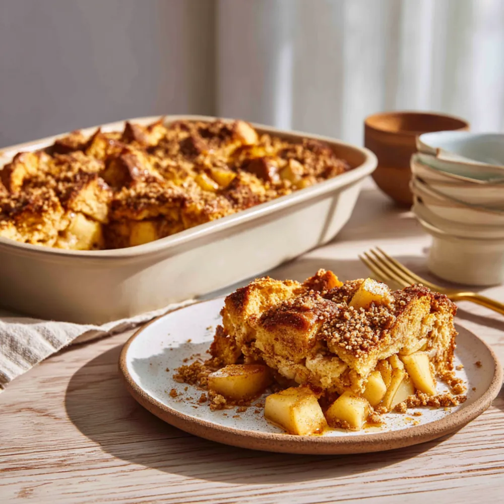 Apple cinnamon baked French toast served warm with soft apple chunks