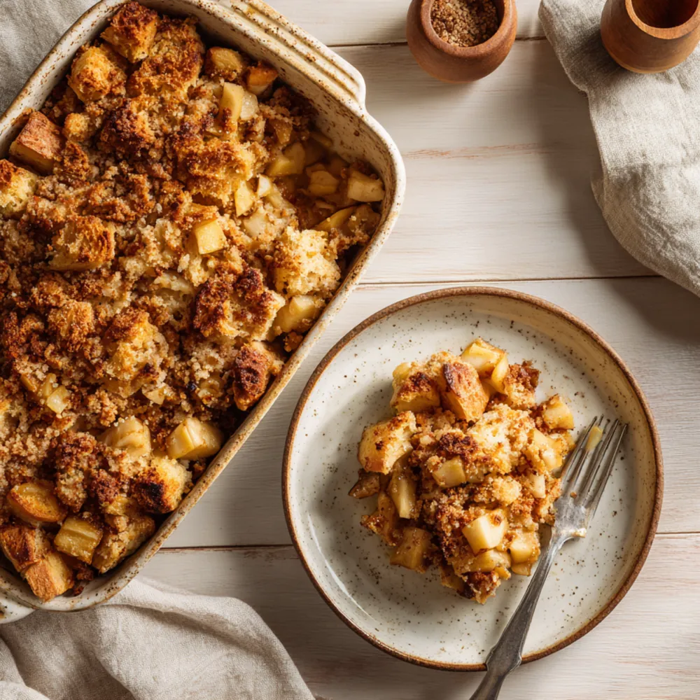 Baked apple French toast casserole with cinnamon crumble topping