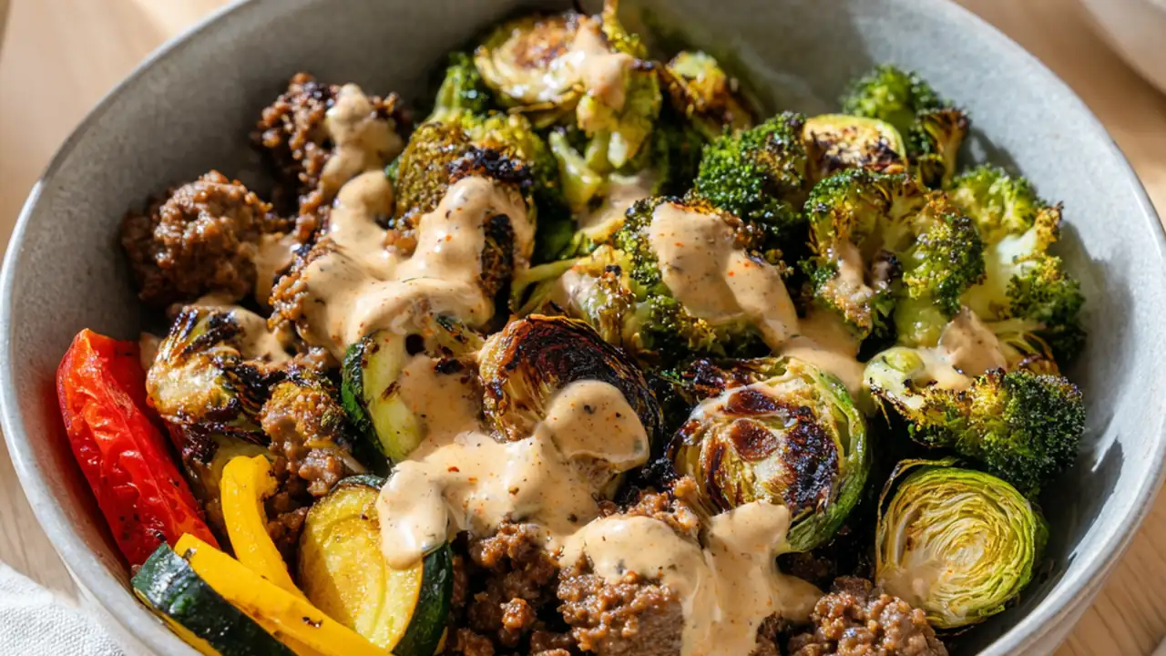 Beef veggie bowls with creamy comeback sauce