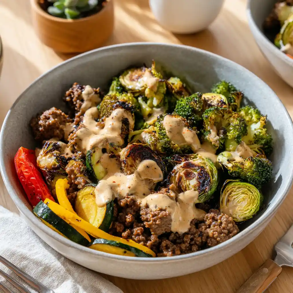 Roasted veggie beef bowl with creamy dressing