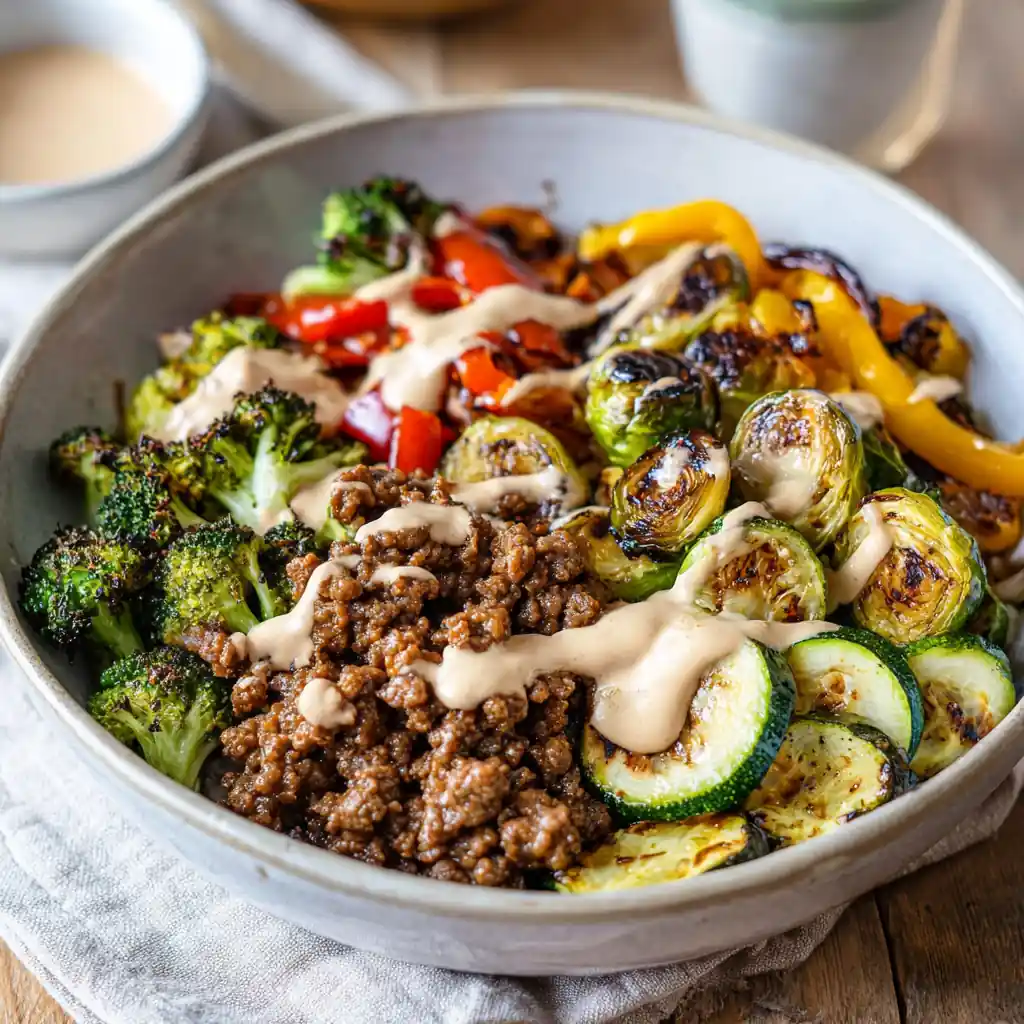 Ground beef bowls with roasted vegetables and sauce