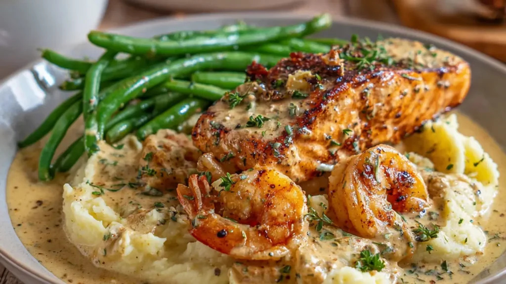 Cajun salmon and shrimp with creamy garlic sauce over mashed potatoes