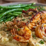 Cajun salmon and shrimp with creamy garlic sauce over mashed potatoes