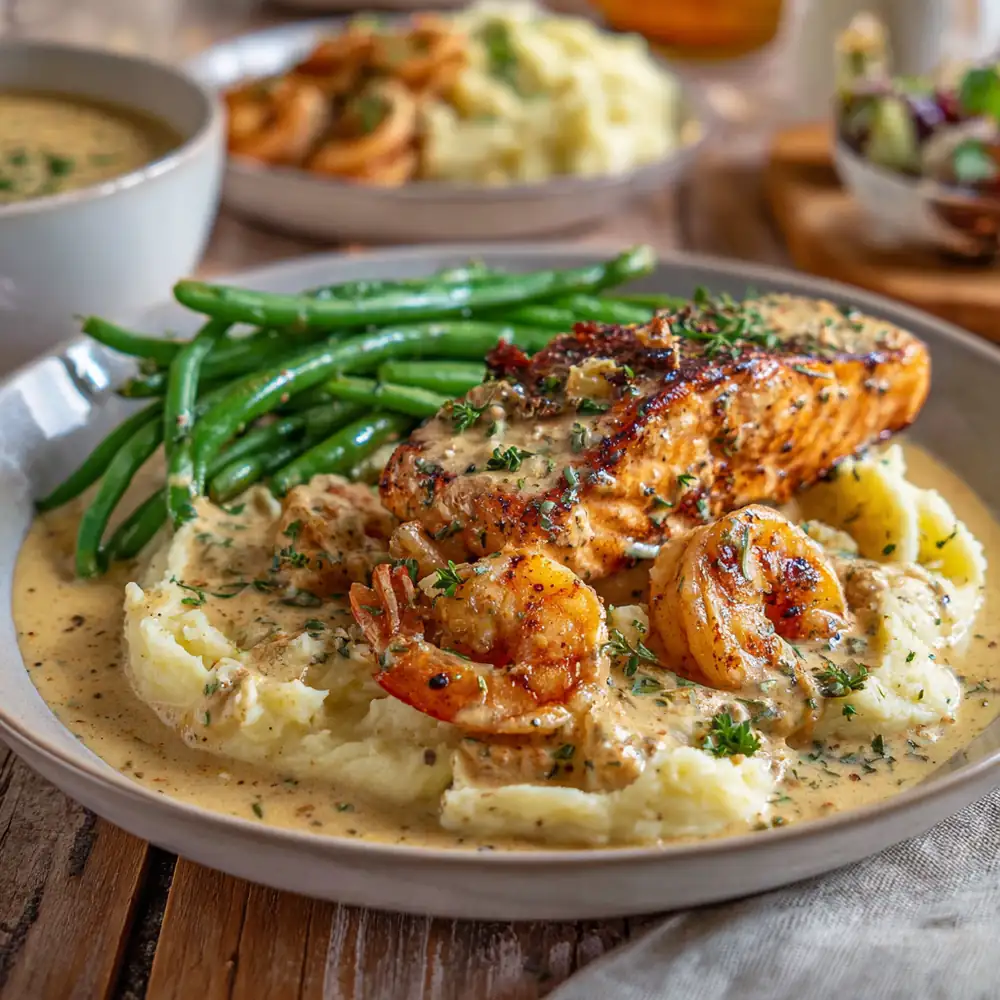 Creamy salmon and shrimp with mashed potatoes and garlic sauce
