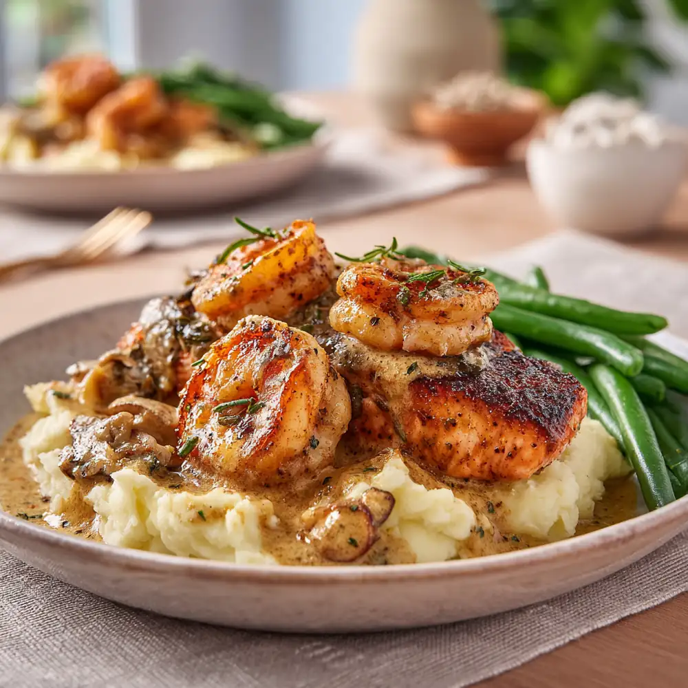 Blackened salmon and shrimp over mashed potatoes with creamy pan sauce
