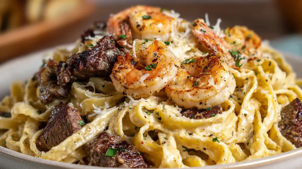 Cajun steak and shrimp Alfredo pasta with creamy parmesan sauce