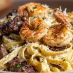 Cajun steak and shrimp Alfredo pasta with creamy parmesan sauce