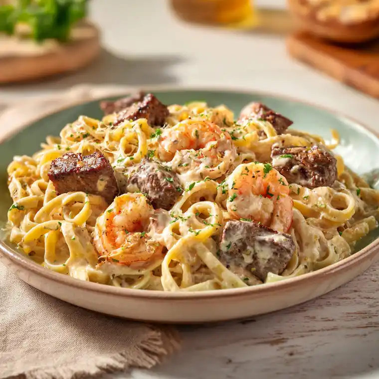 Creamy steak and shrimp Alfredo pasta with parmesan and herbs
