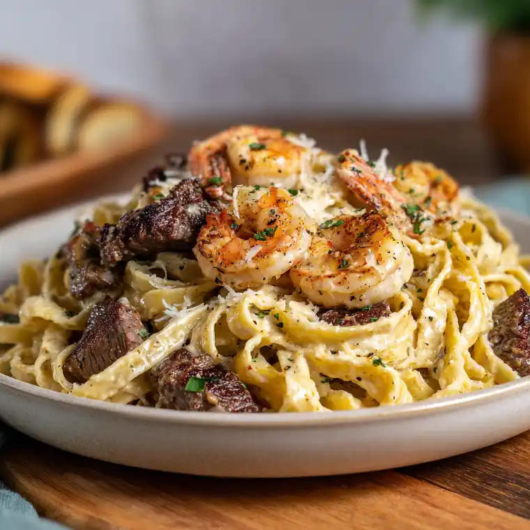 Steak and shrimp fettuccine Alfredo with creamy Cajun sauce