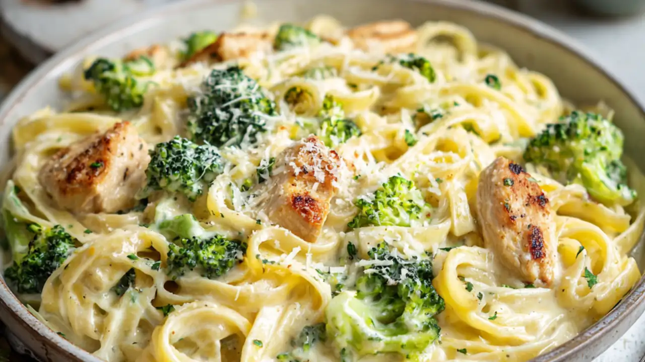 Creamy chicken broccoli Alfredo pasta in one pot