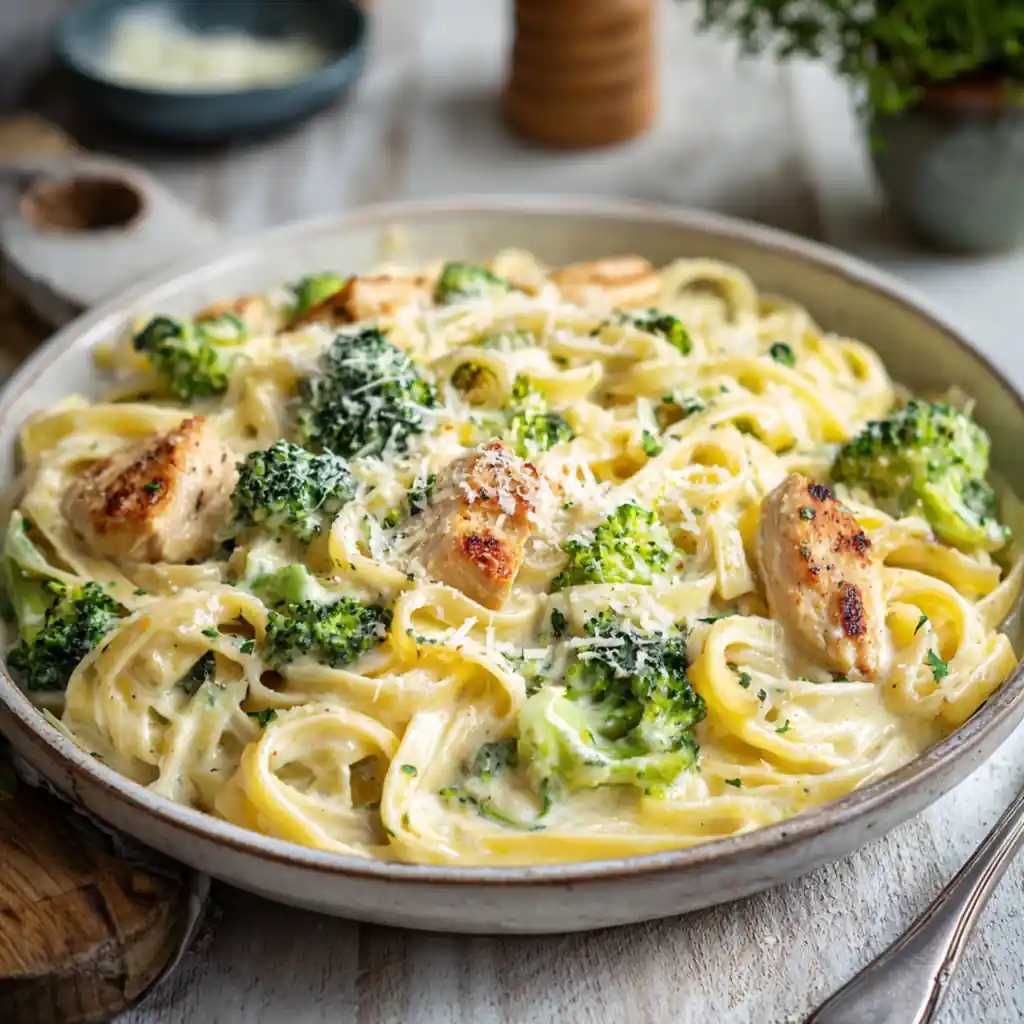 Chicken broccoli Alfredo pasta with parmesan cheese