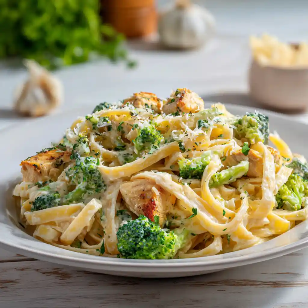 One pot Alfredo pasta with chicken and broccoli