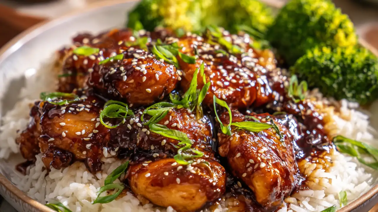 Homemade chicken teriyaki with sticky sauce and rice