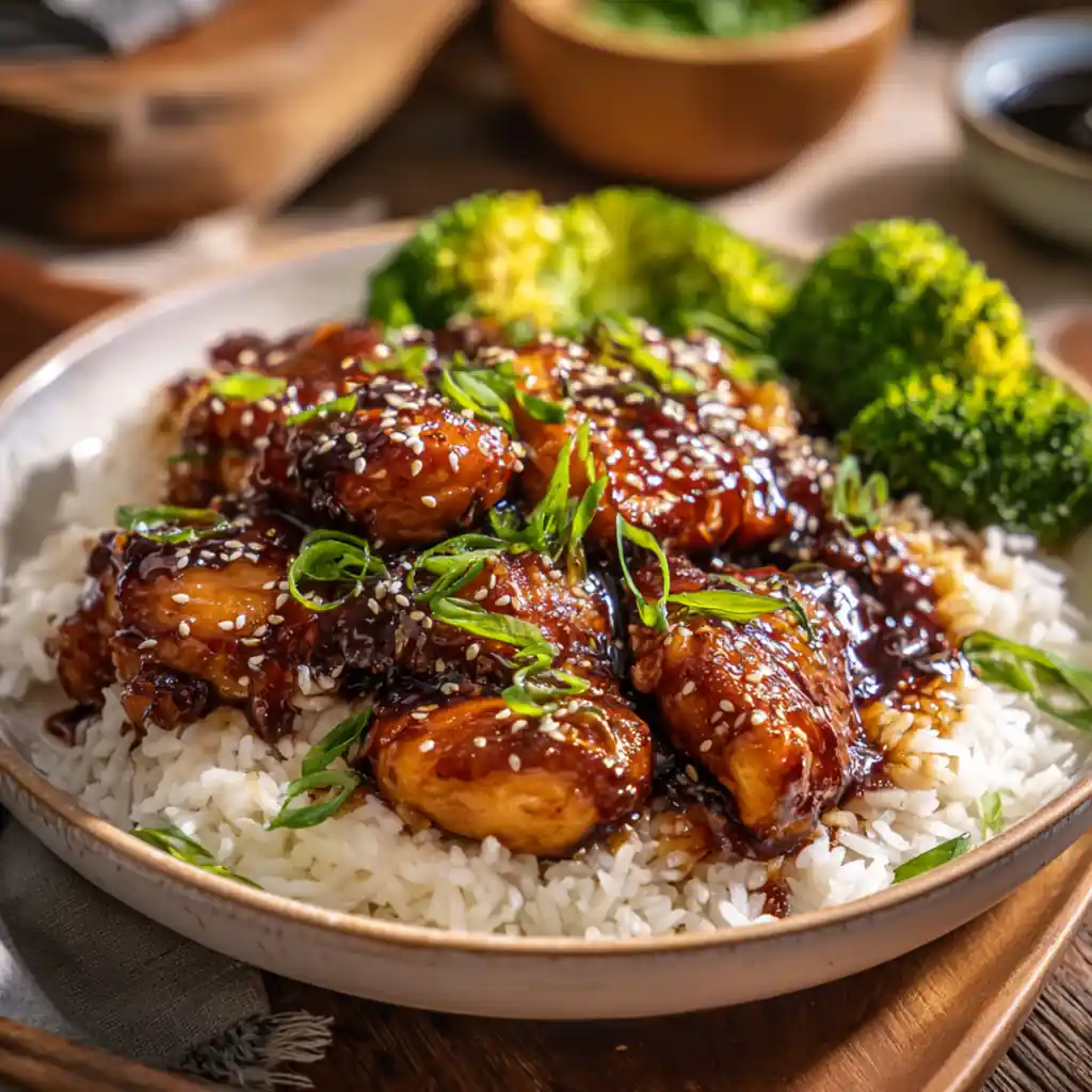 Sticky teriyaki chicken bowl with sesame seeds