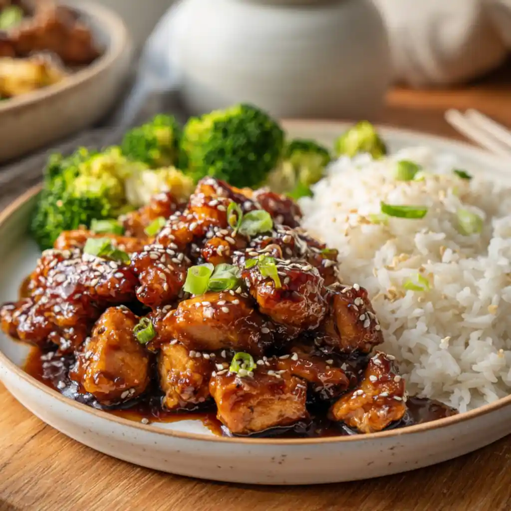 Glazed chicken teriyaki with rice and broccoli