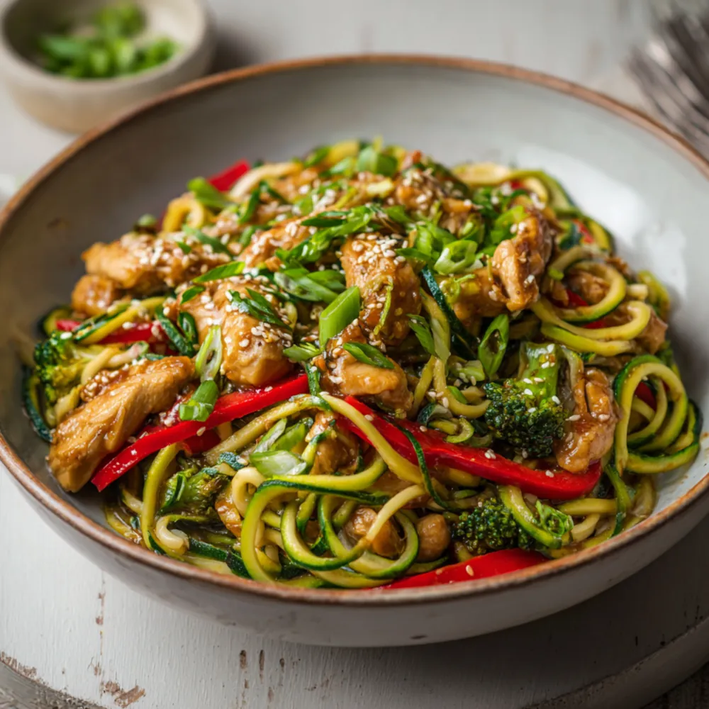Chicken zucchini noodle stir fry with broccoli and red peppers