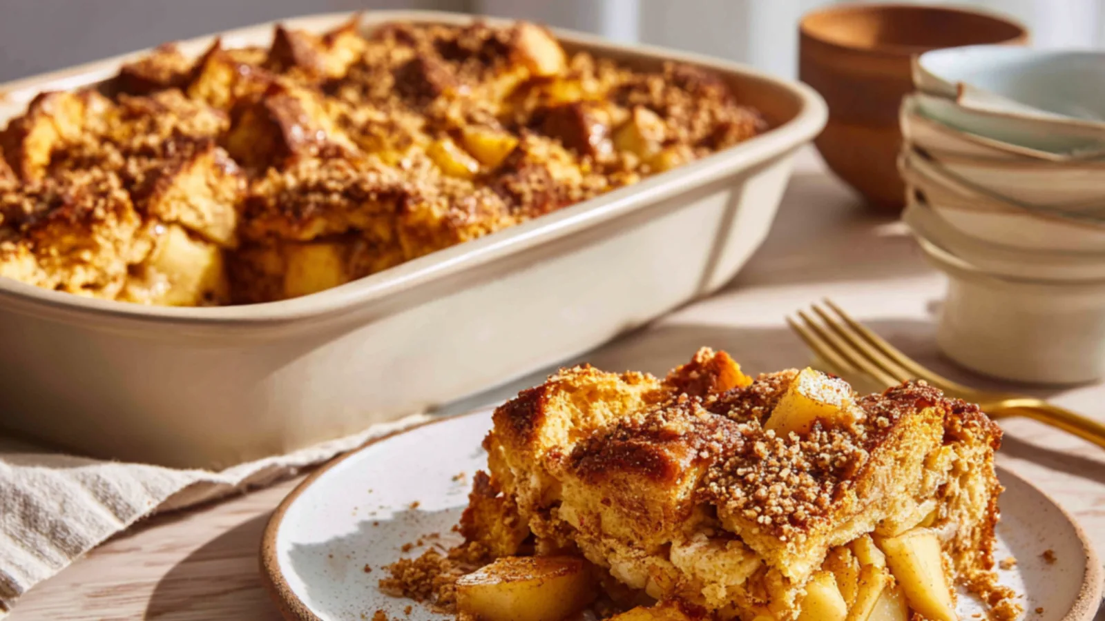 Cinnamon apple French toast bake with golden topping and soft apples