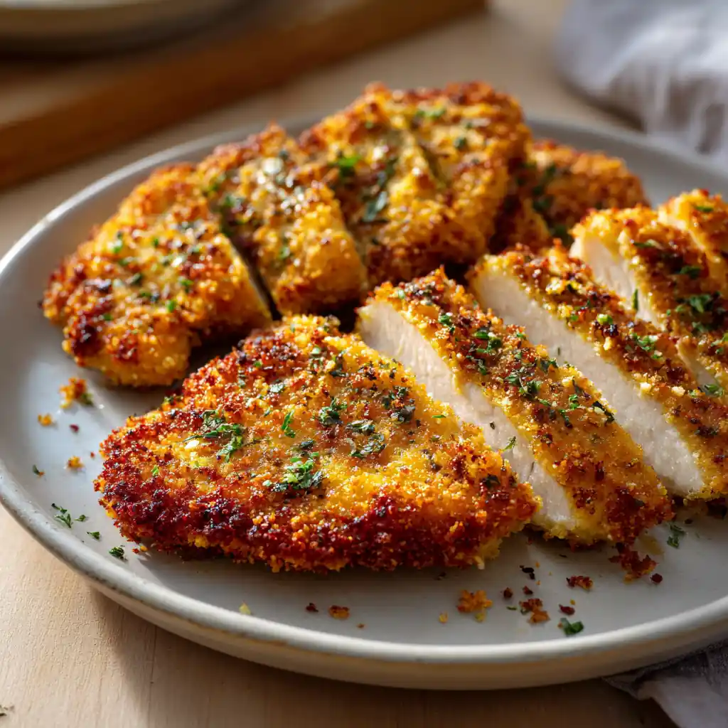 Golden baked chicken cutlets sliced on a plate
