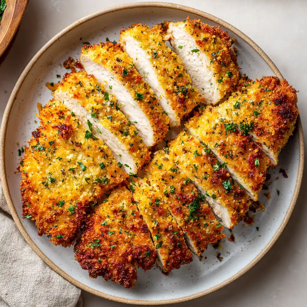 Parmesan crusted chicken cutlets cut into slices