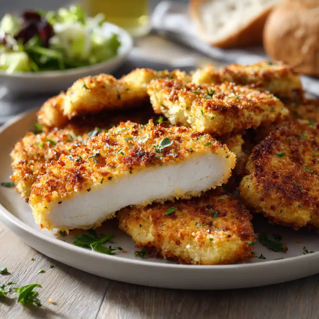 Breaded chicken cutlets baked until crispy