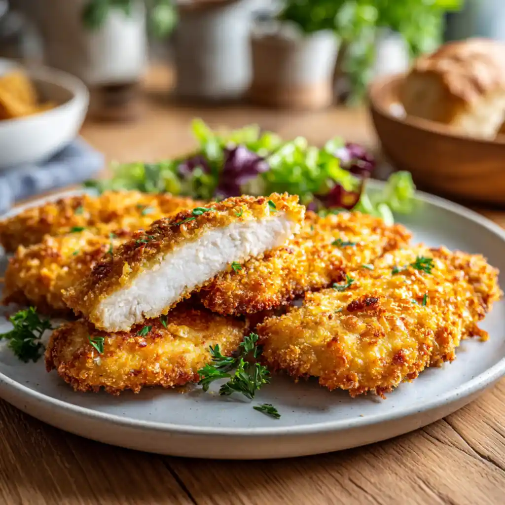 Golden baked chicken cutlets with salad