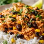 Crock pot fiesta chicken with rice black beans and corn