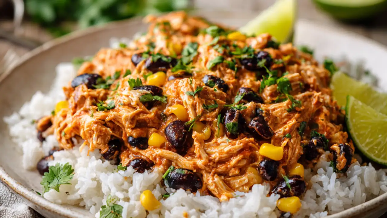 Crock pot fiesta chicken with rice black beans and corn