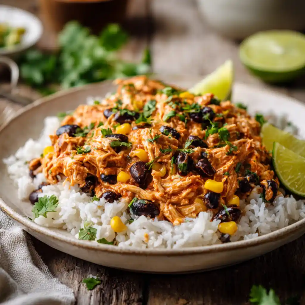 Fiesta chicken rice bowl with black beans and corn