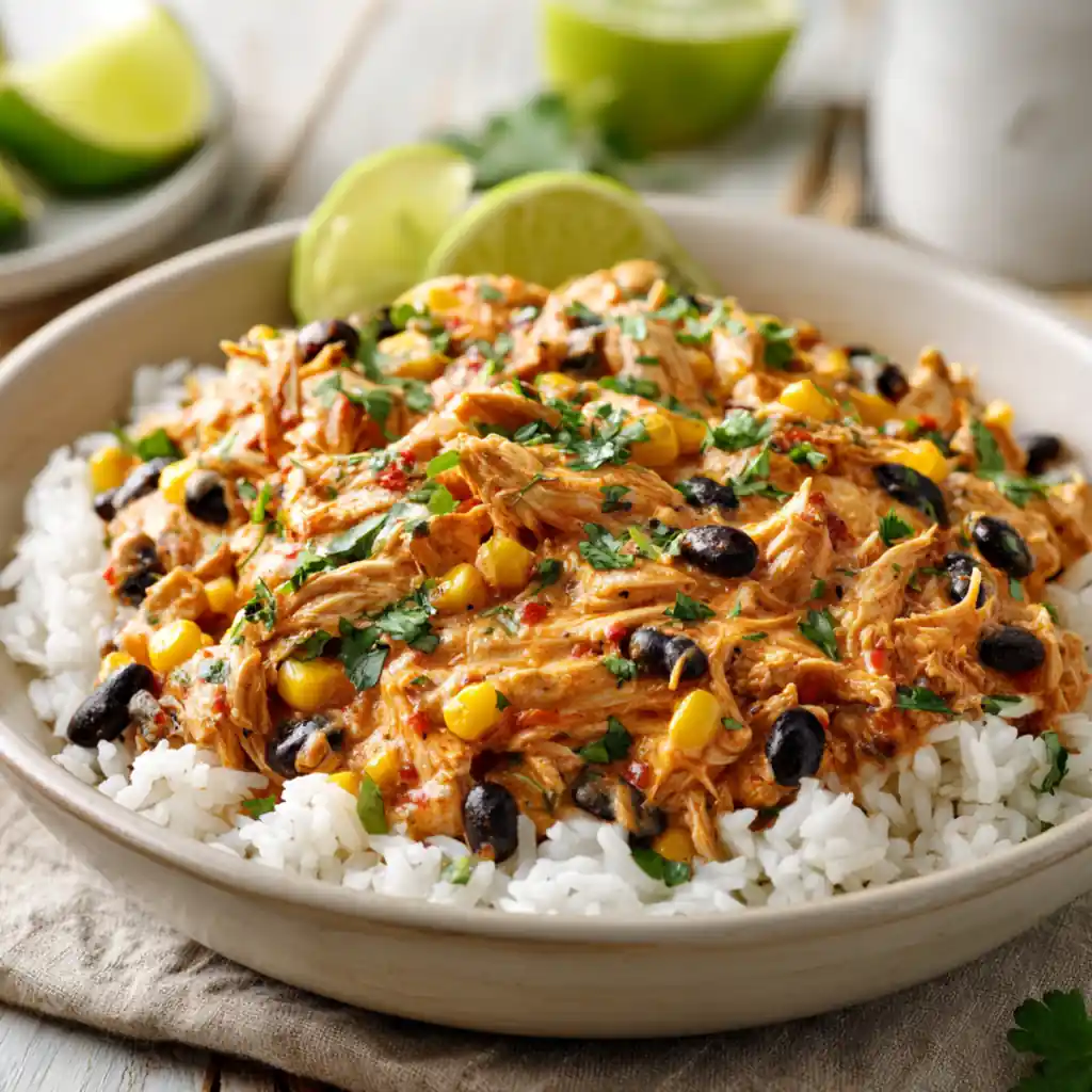 Creamy shredded chicken with corn and black beans