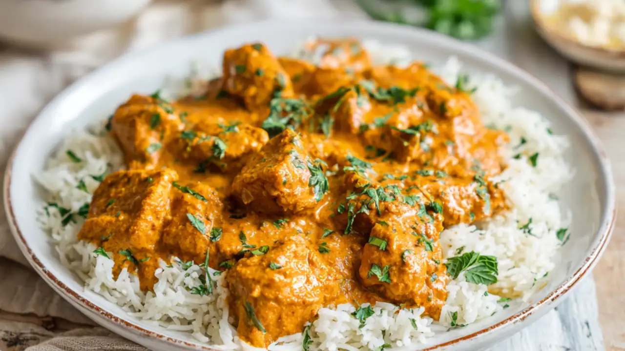 Easy crockpot Indian butter chicken with rice