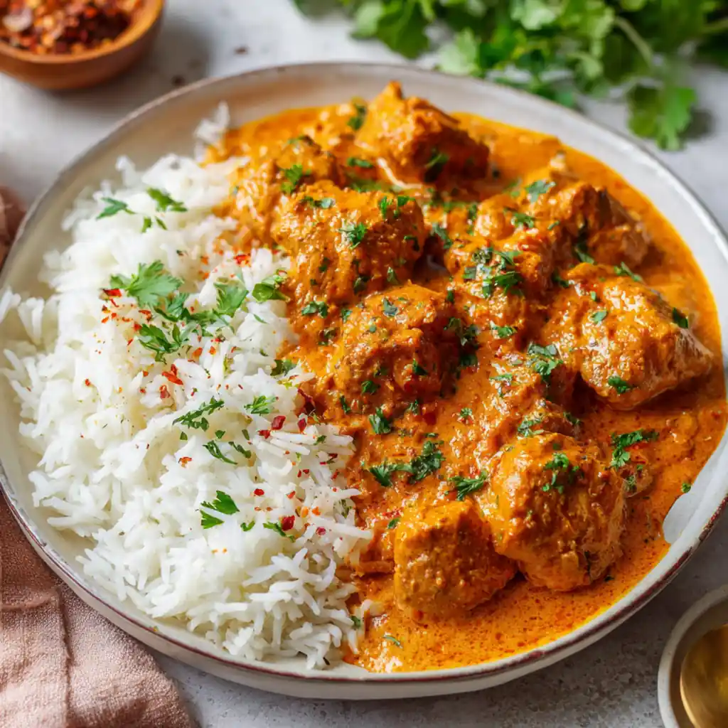 Indian butter chicken and rice on plate