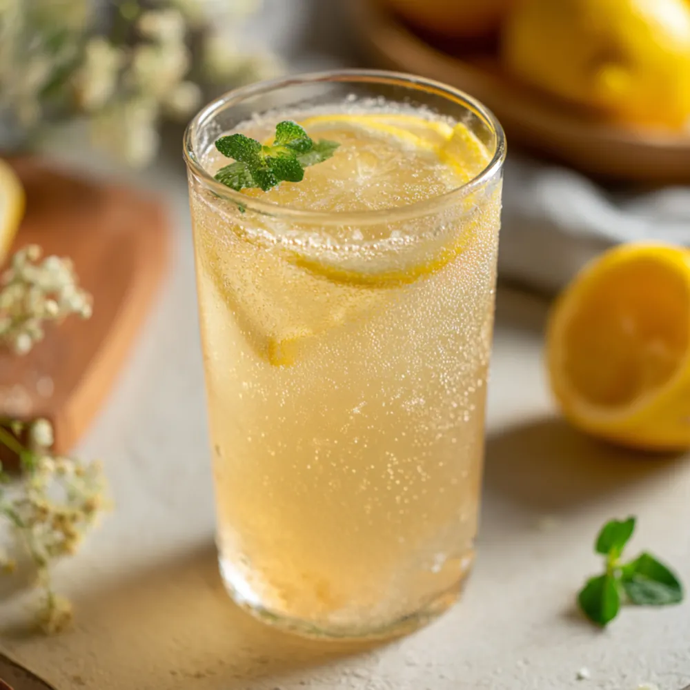Lemon electrolyte drink with mint in a chilled glass