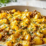 creamy meat and potato skillet with melted cheese and herbs