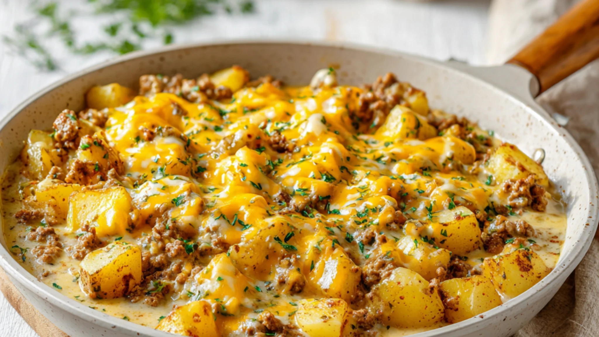 creamy meat and potato skillet with melted cheese and herbs
