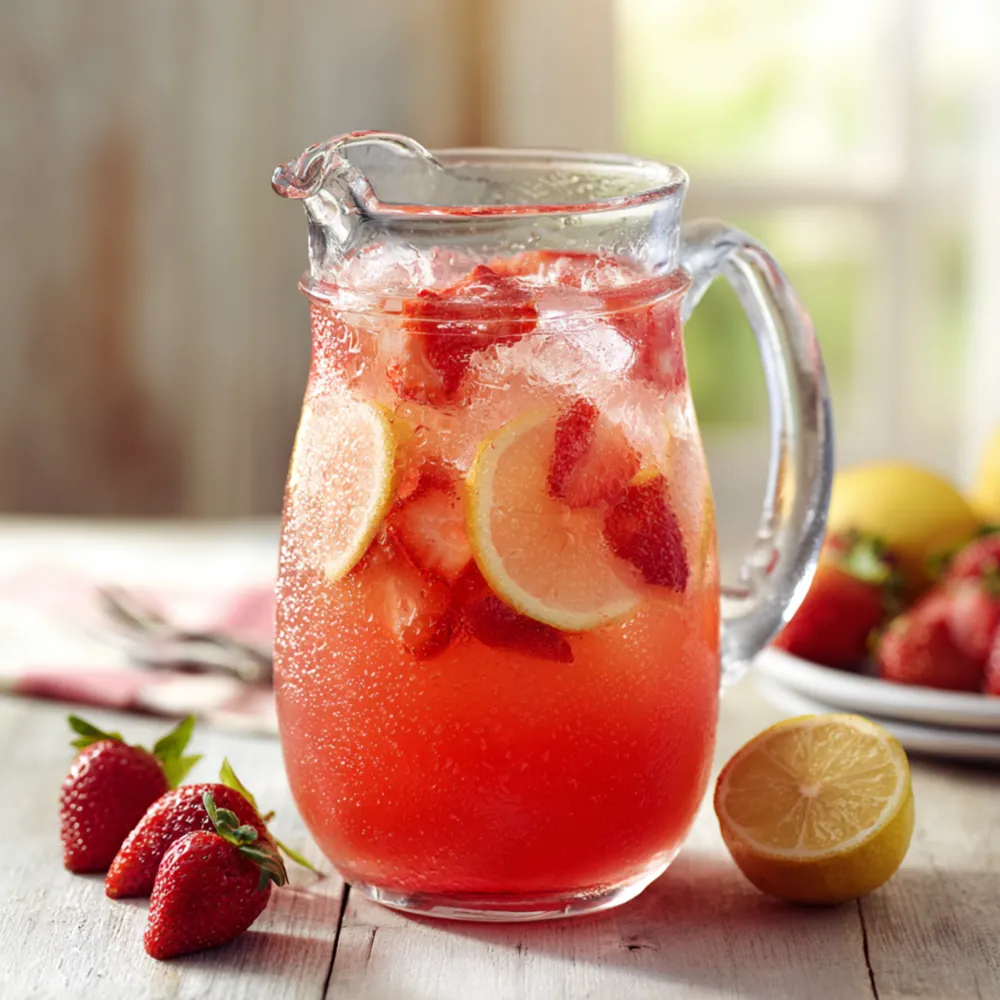 Strawberry lemonade pitcher with fresh strawberries and lemon