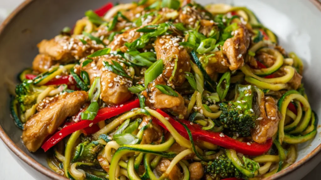 Garlic chicken zucchini noodles stir fry with sesame and vegetables